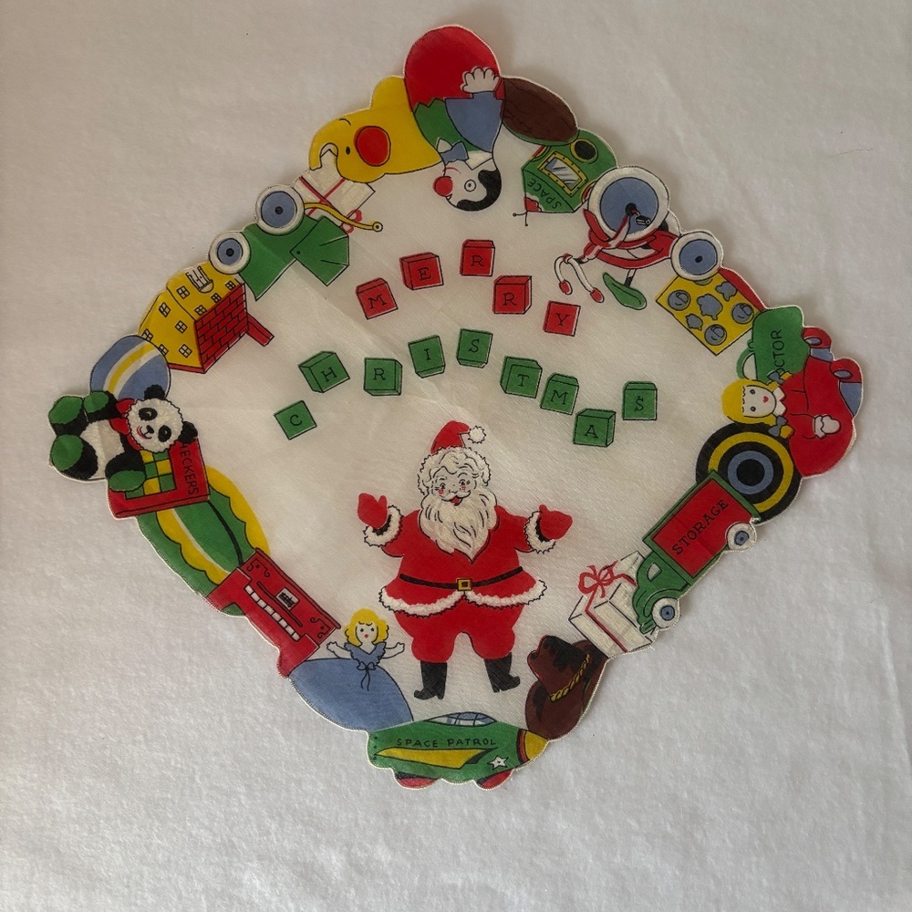 Vintage Christmas Santa Toys, Space Patrol Cotton Die-Cut Doily handkerchief - Picture 9 of 10